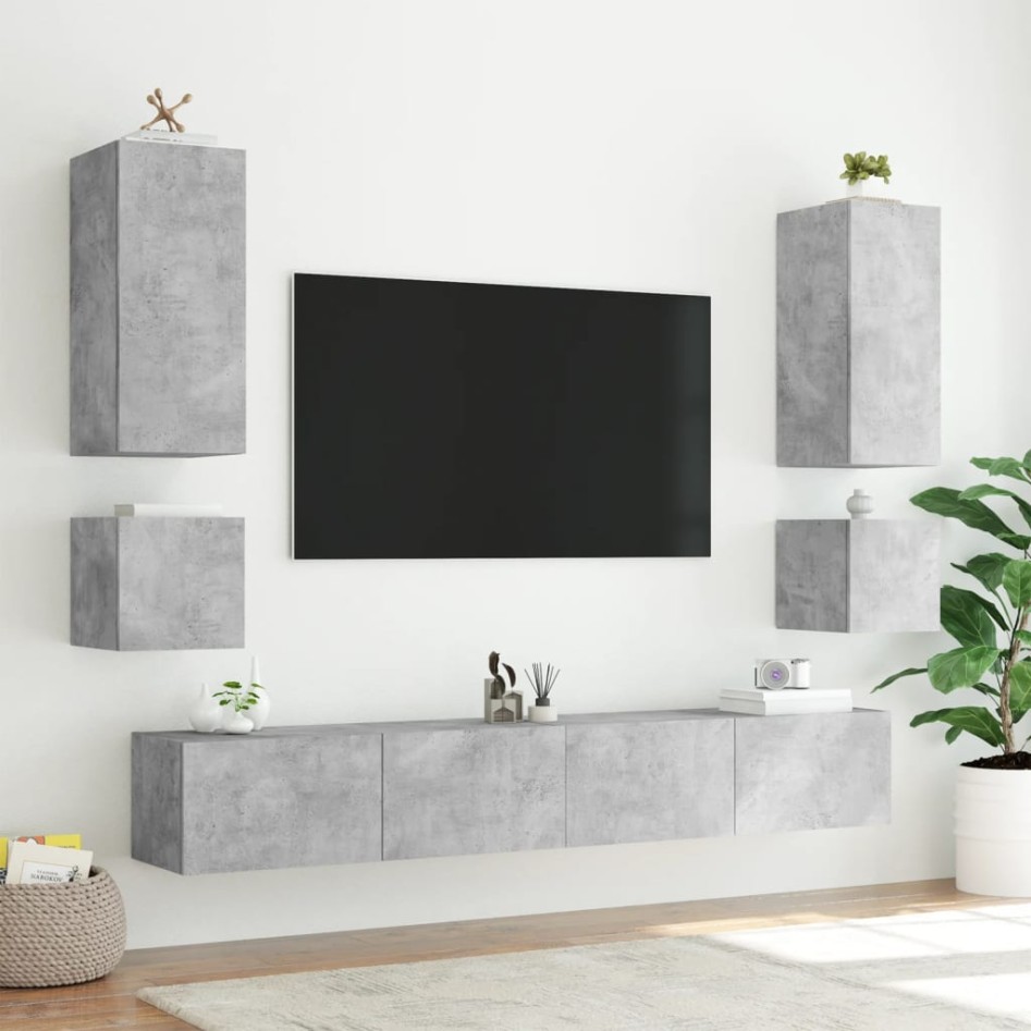Muebles de TV de pared con luces LED 6 piezas gris