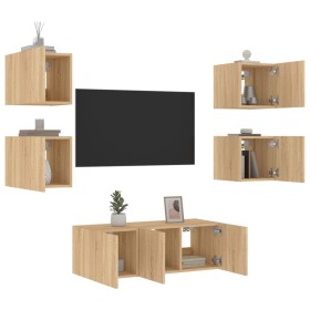 Muebles TV pared con LED 6 pzas madera ingeniería roble