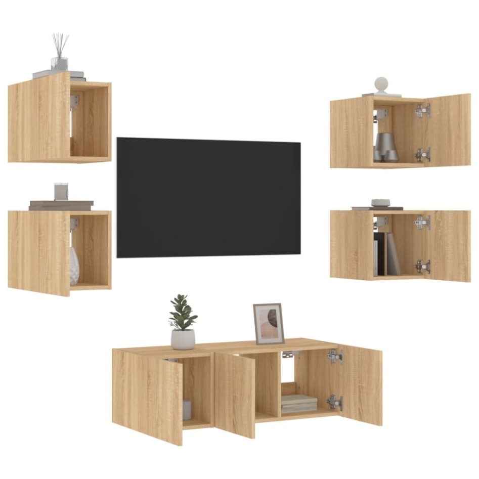 Muebles TV pared con LED 6 pzas madera ingeniería roble