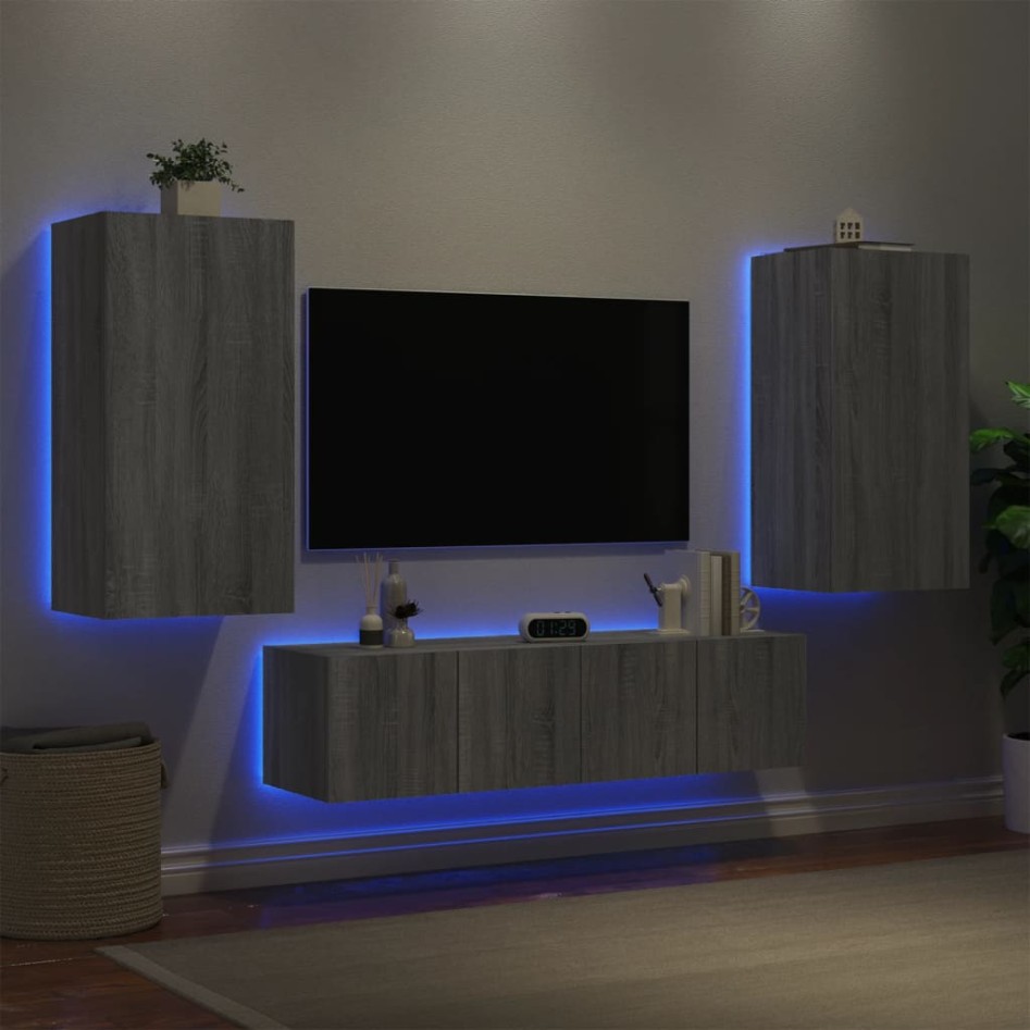Muebles TV pared con LED 4 pzas madera ingeniería gris