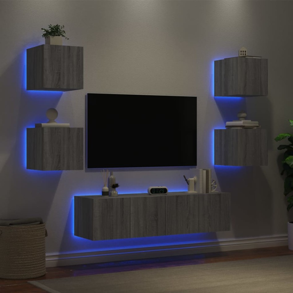 Muebles TV pared con LED 6 pzas madera ingeniería gris