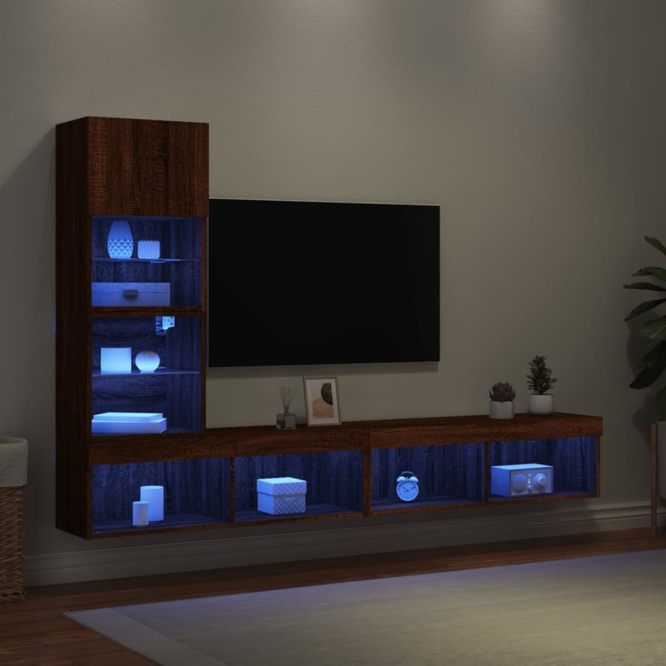 Muebles TV pared con LED 4 pzas madera ingeniería marrón