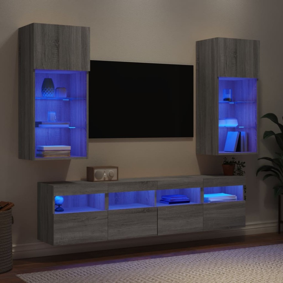 Muebles TV pared con LED 5 pzas madera ingeniería gris