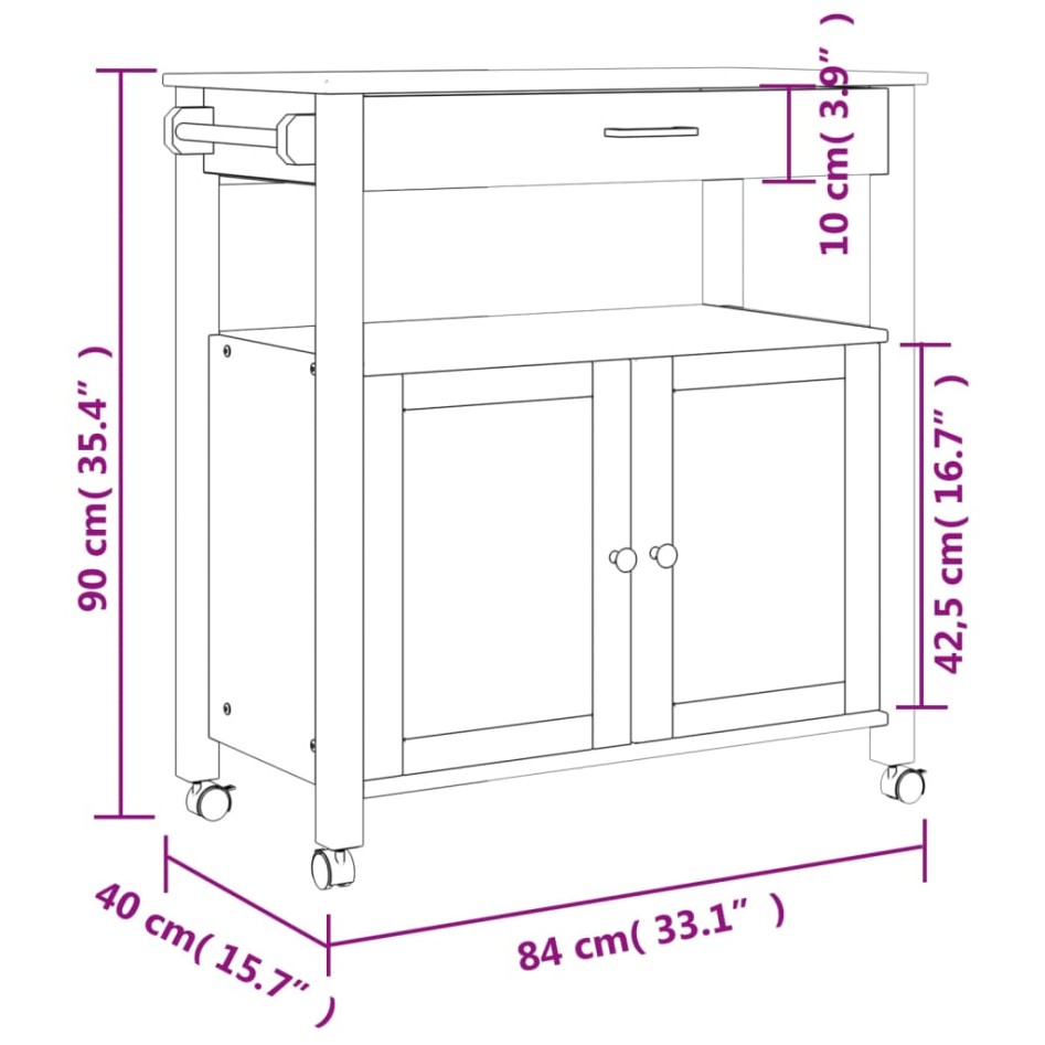 Carrito de cocina MONZA madera maciza de pino 84x40x90