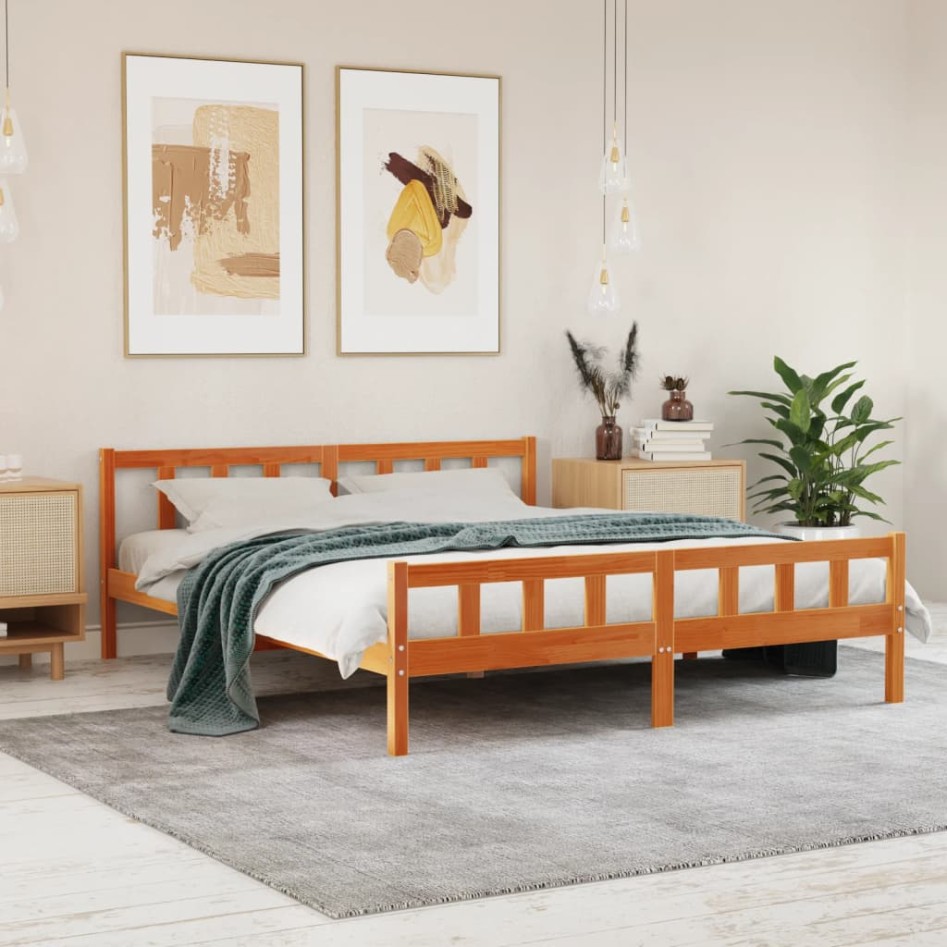 Estructura cama con cabecero madera pino marrón cera 180x200