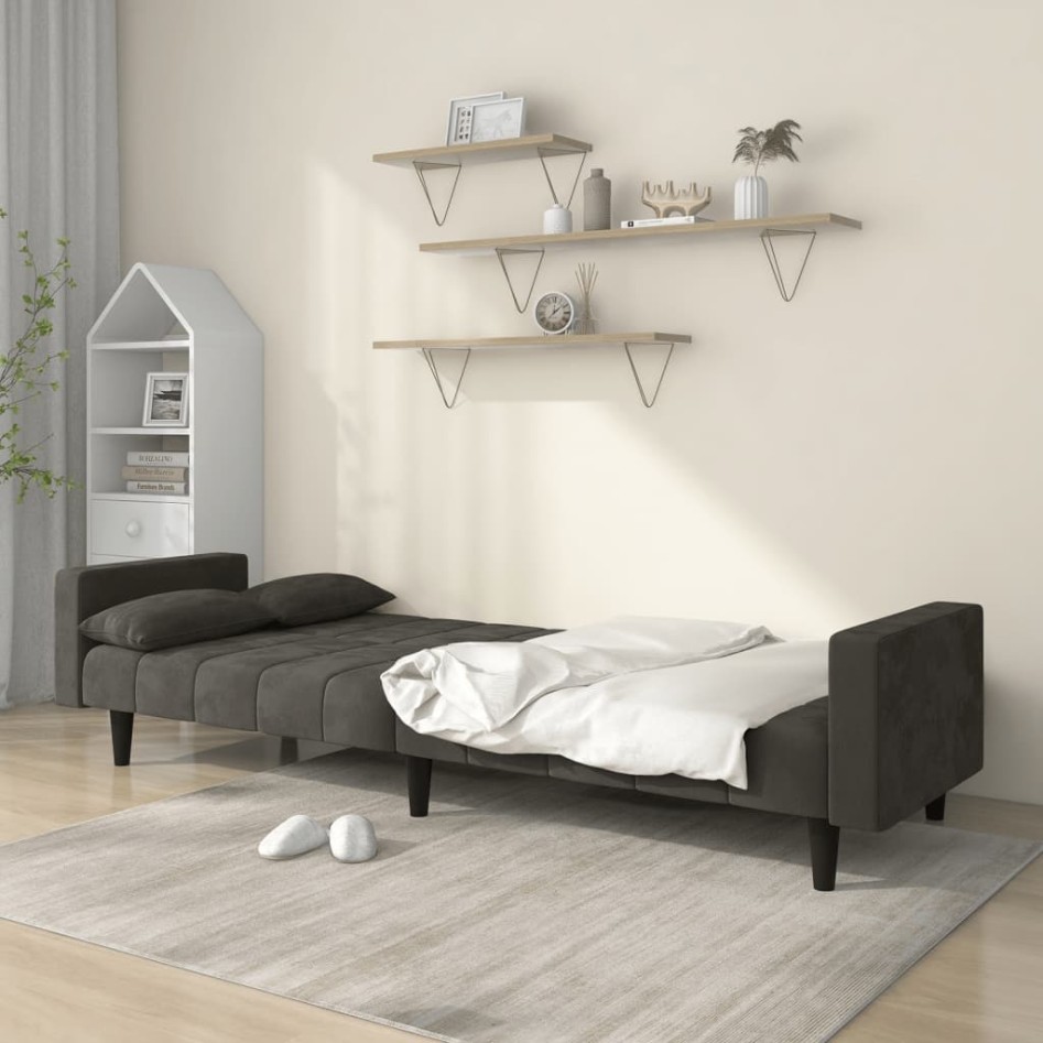 Sofá cama de 2 plazas con dos almohadas terciopelo gris