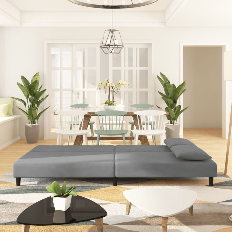 Sofá cama de 2 plazas con dos almohadas terciopelo gris