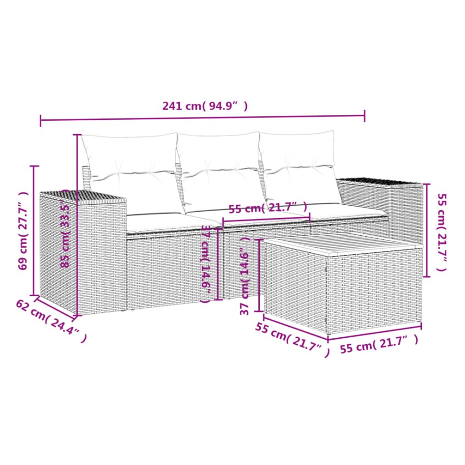 Juego de sofás jardín con cojines 4 pzas ratán sintético