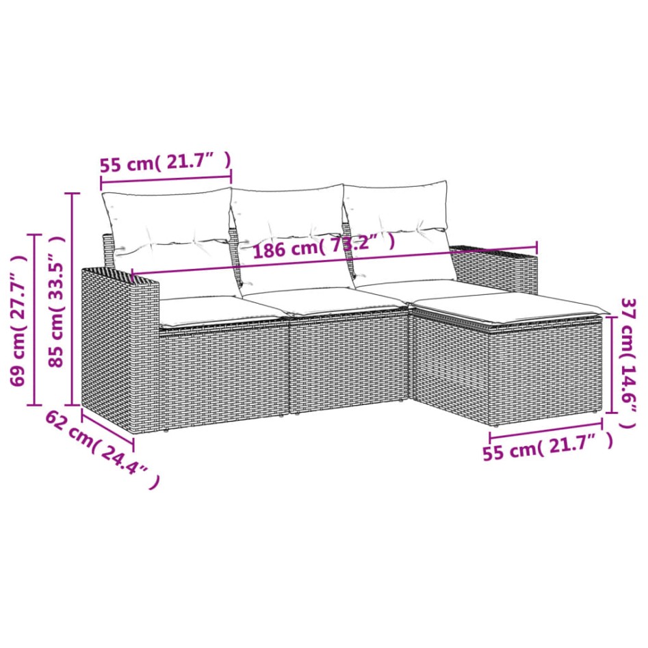 Set de sofás de jardín 4 pzas y cojines ratán sintético
