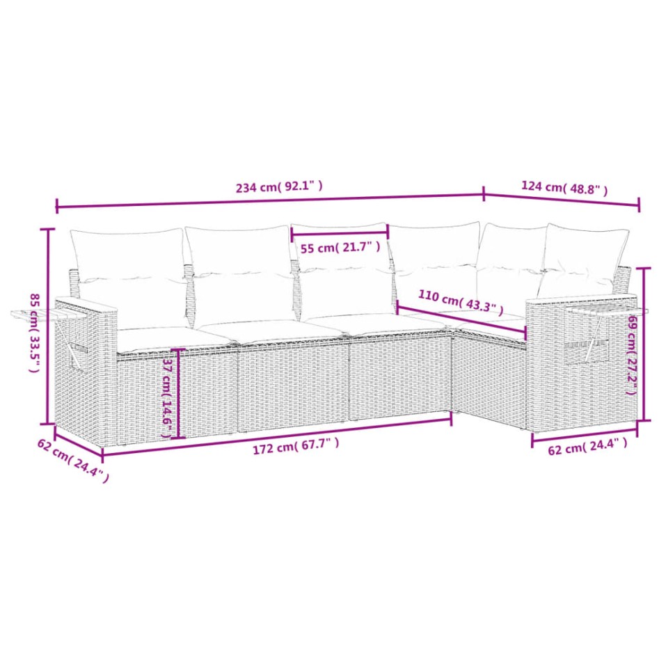 Set de muebles de jardín 5 pzas y cojines ratán sintético