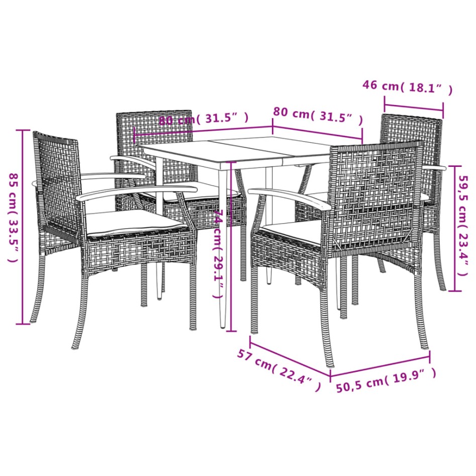 Set de muebles jardín 5 pzas con cojines ratán sintético