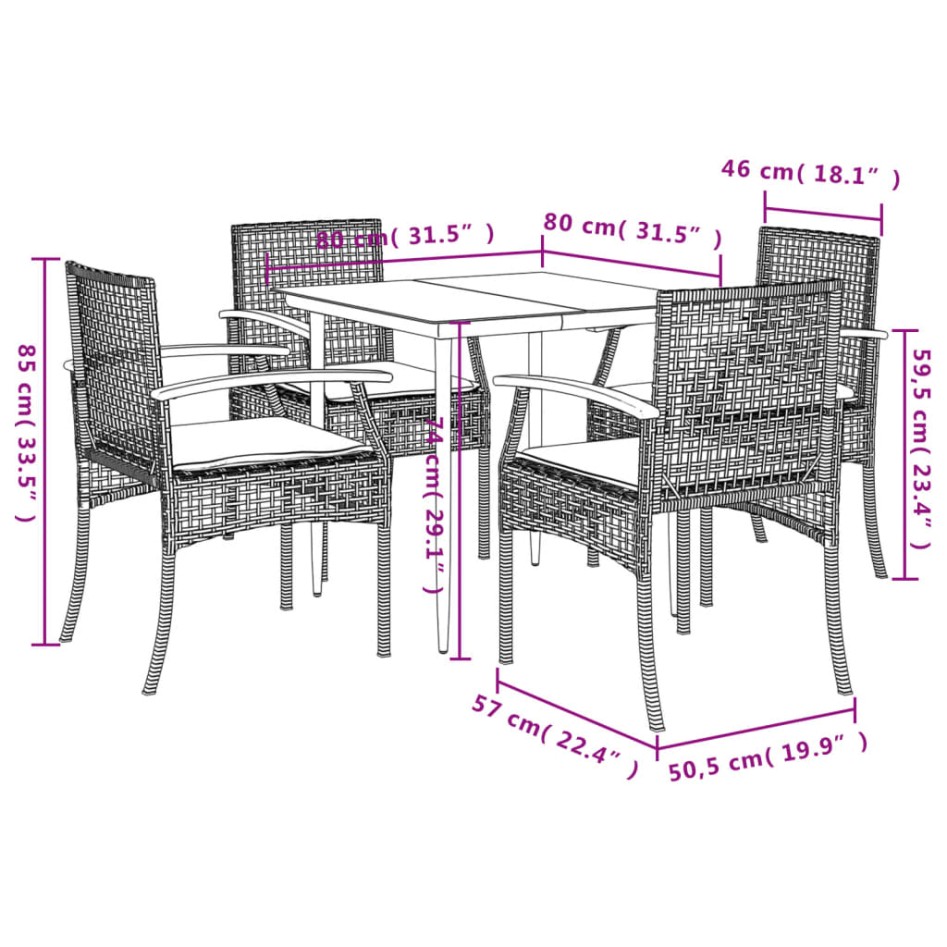 Set comedor de jardín 5 piezas con cojines ratán sintético