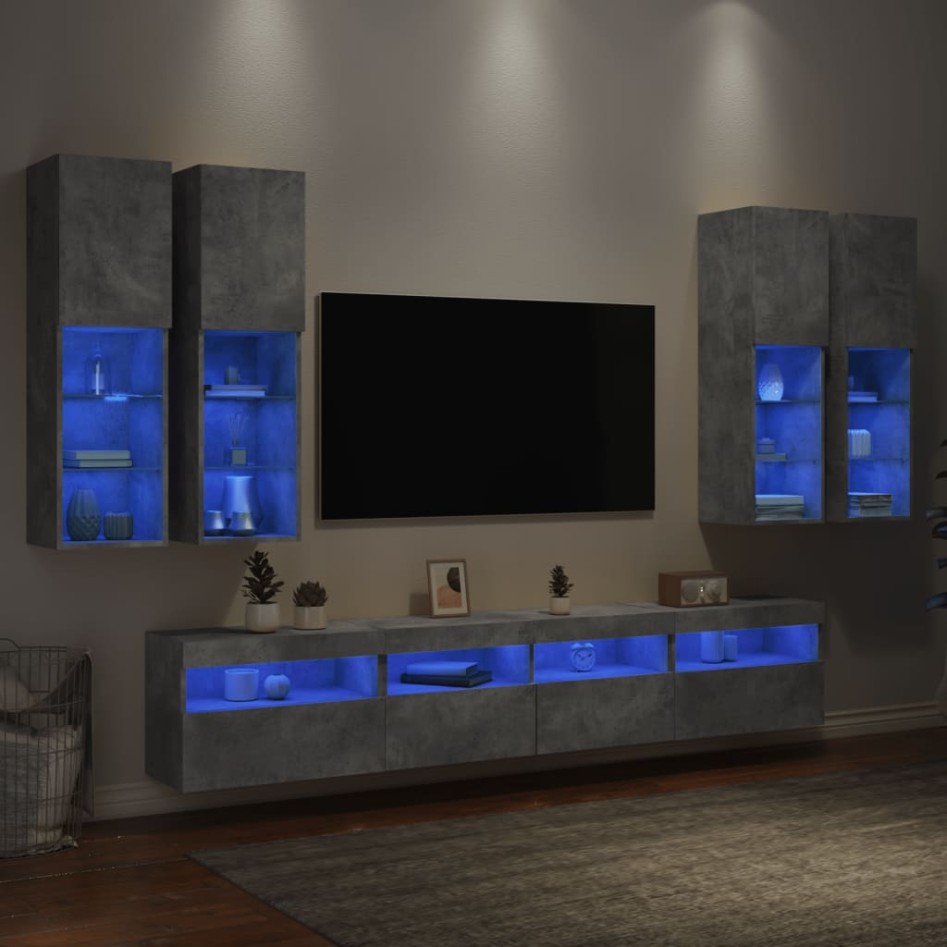 Muebles de TV de pared con luces LED 7 piezas gris