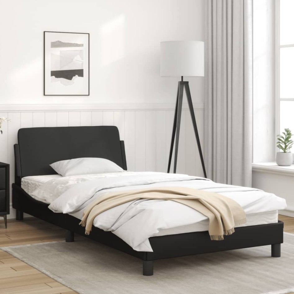 Estructura de cama con cabecero cuero sintético negro