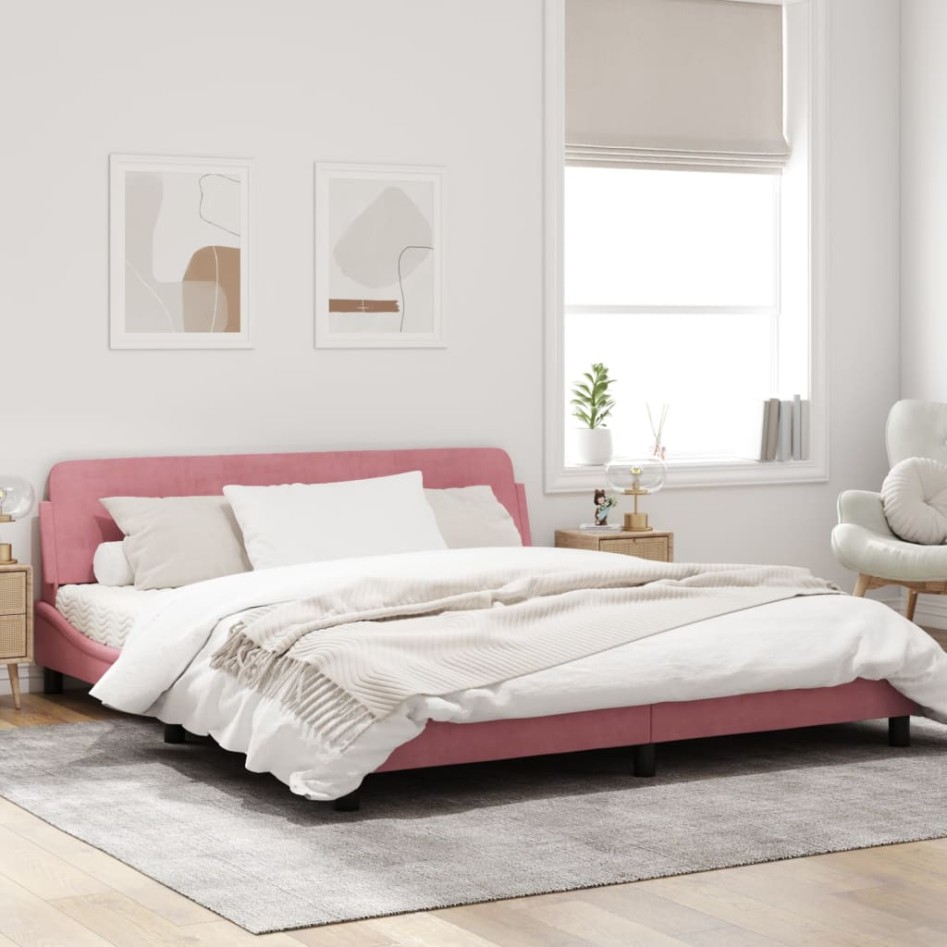 Estructura de cama con cabecero de terciopelo rosa 180x200