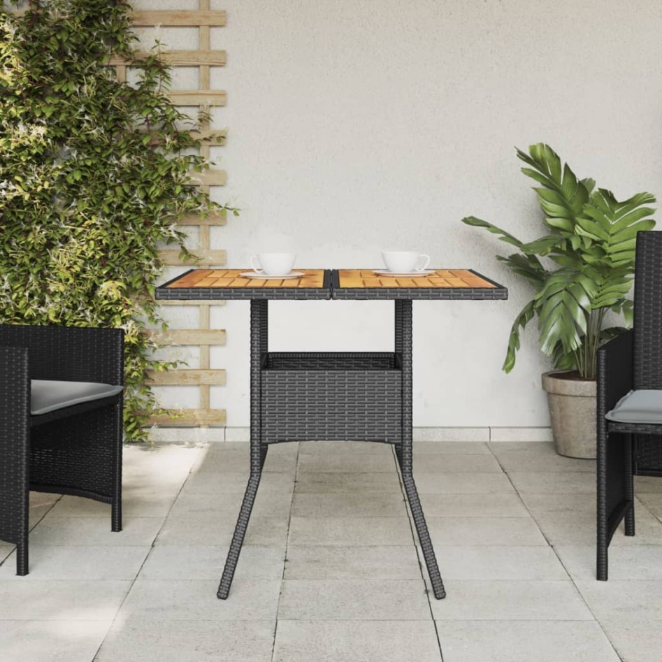 Mesa de jardín superficie de madera ratán PE negro 80x80x75