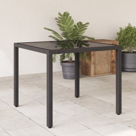 Mesa de jardín superficie de vidrio ratán PE negro 90x90x75