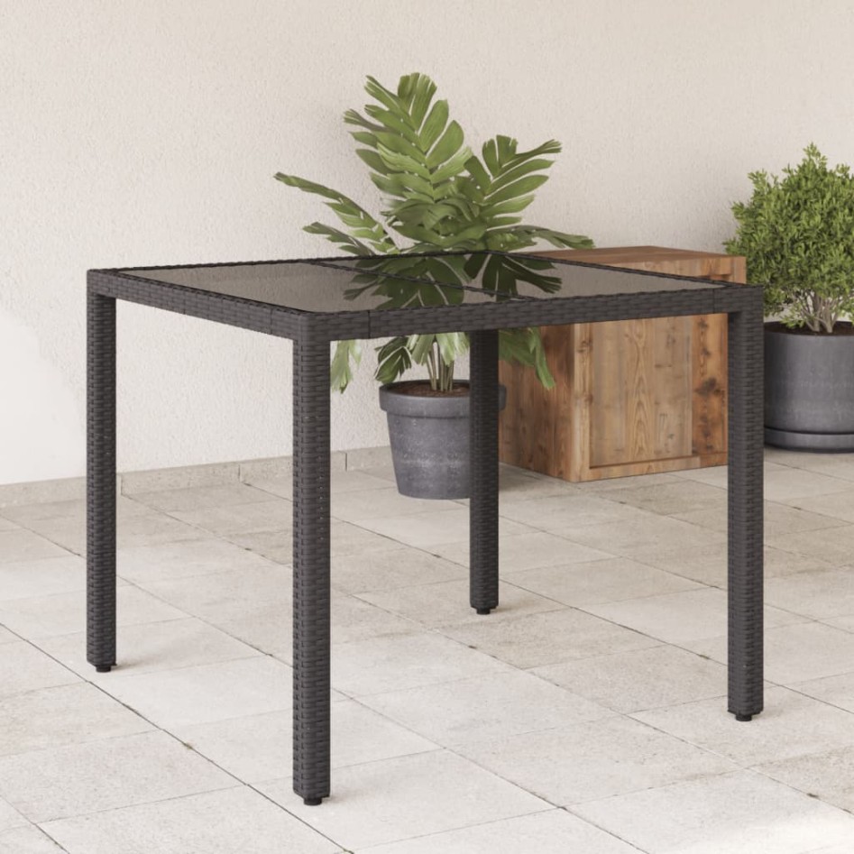 Mesa de jardín superficie de vidrio ratán PE negro 90x90x75
