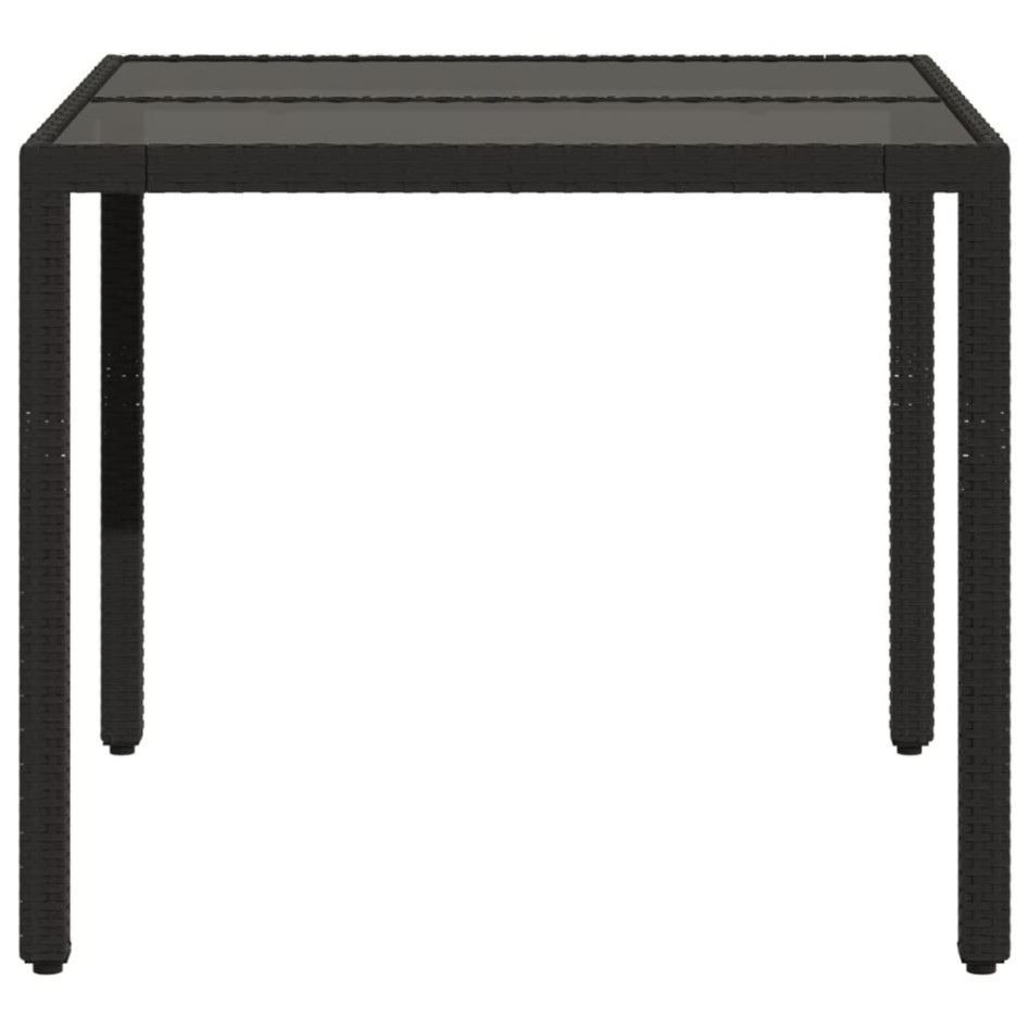 Mesa de jardín superficie de vidrio ratán PE negro 90x90x75
