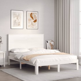 Estructura de cama con cabecero madera maciza blanco 140x190