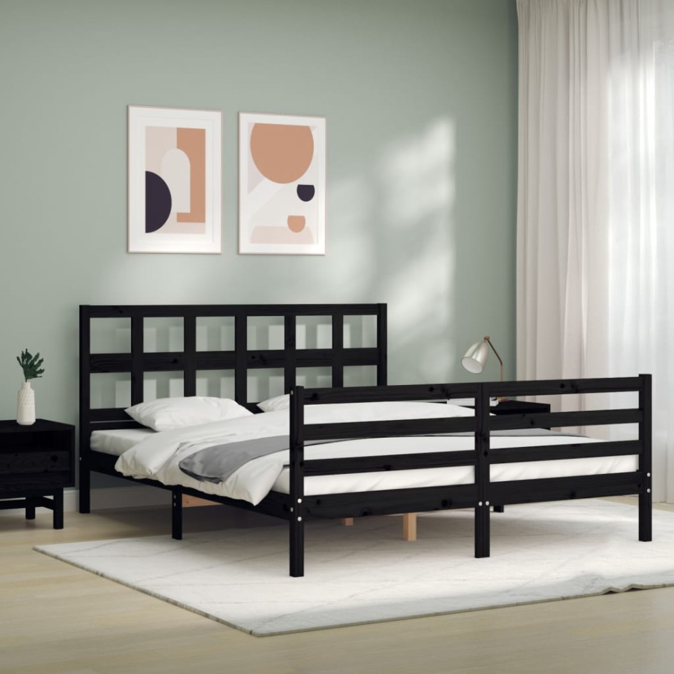 Estructura de cama con cabecero madera maciza negro 160x200