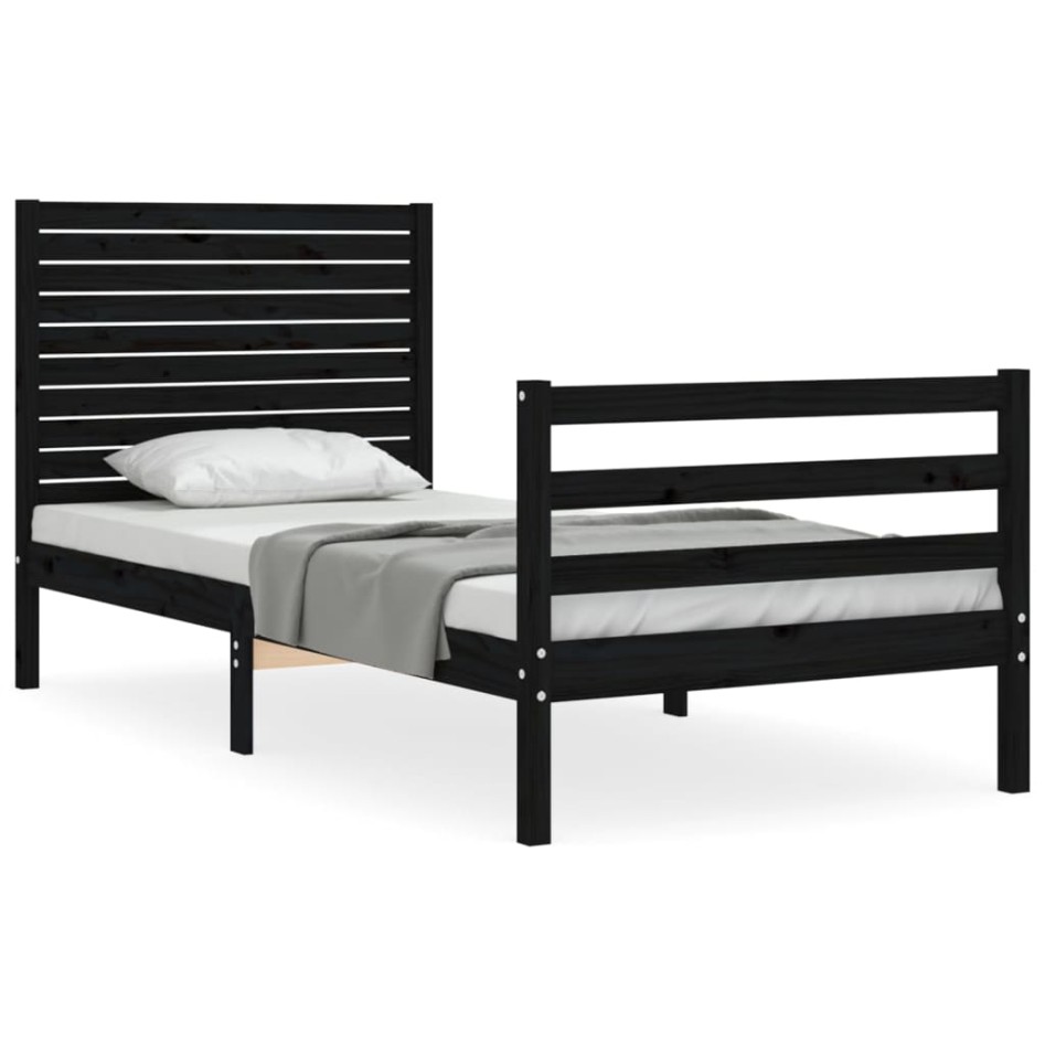 Estructura de cama con cabecero madera maciza negro 90x200
