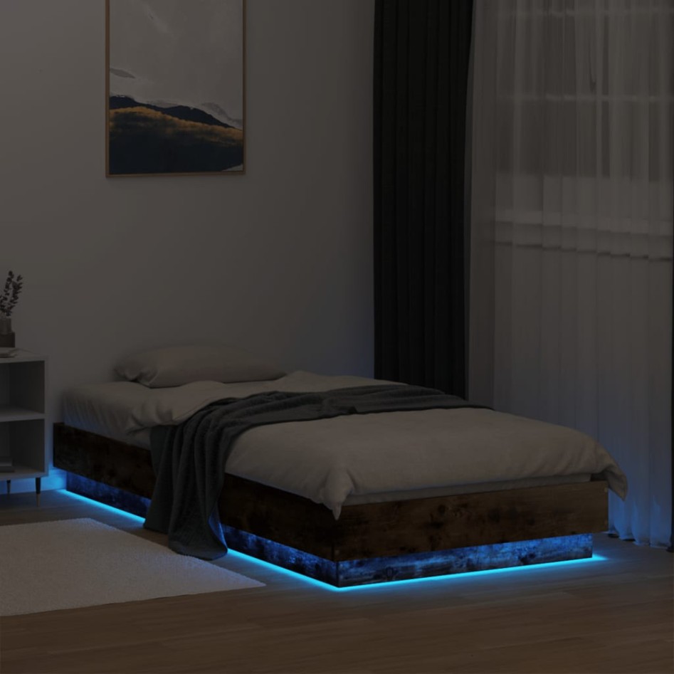 Estructura de cama con luces LED roble ahumado 90x190