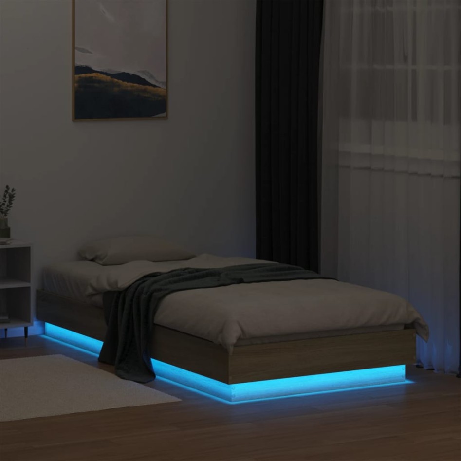 Estructura de cama con luces LED roble Sonoma 90x190