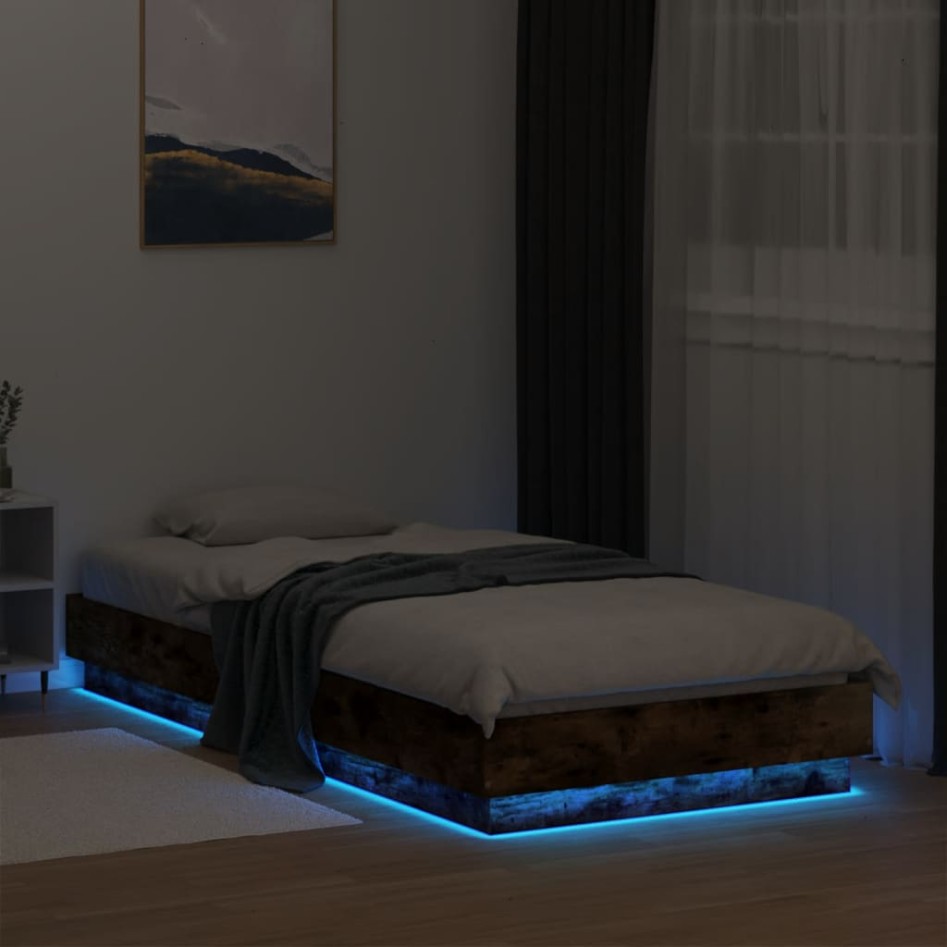 Estructura de cama con luces LED roble ahumado 90x200
