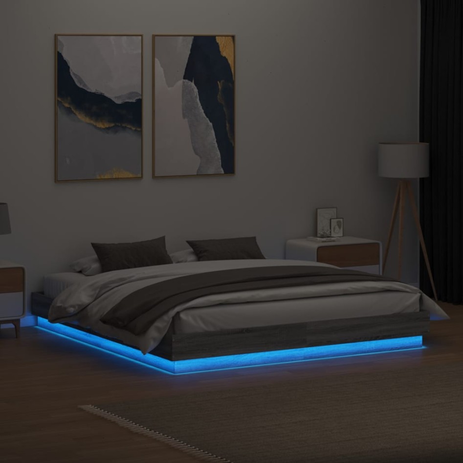 Estructura de cama con luces LED gris Sonoma 180x200