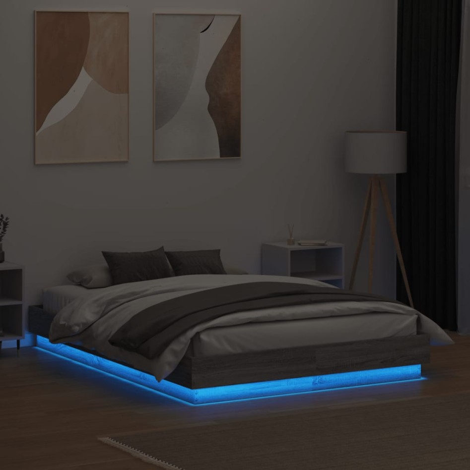 Estructura de cama con luces LED gris Sonoma 135x190