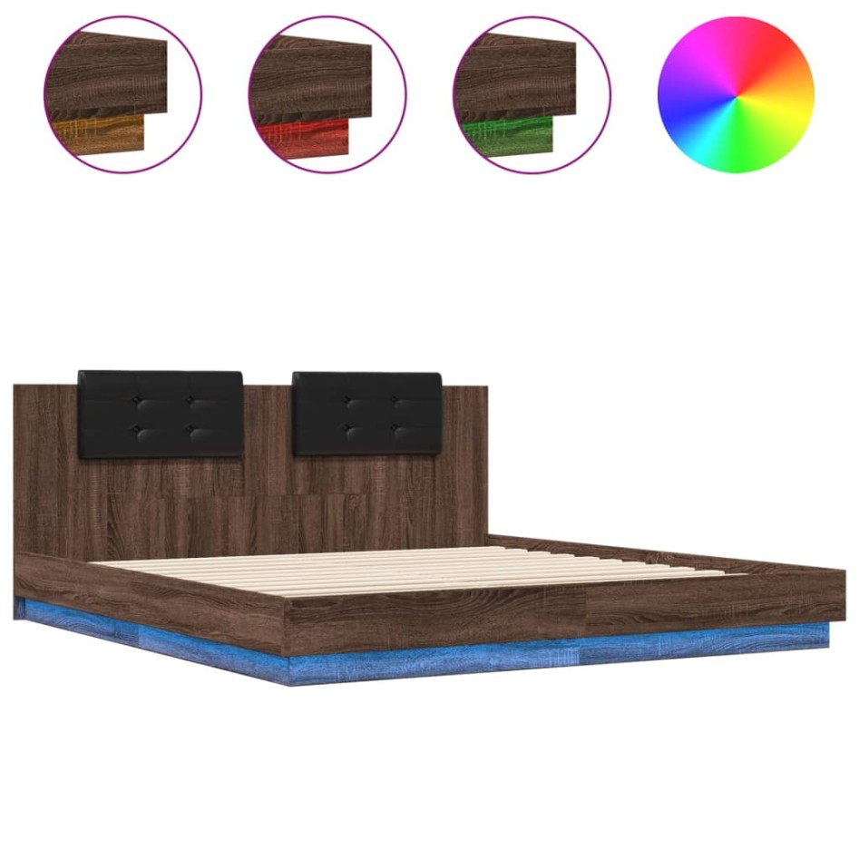 Estructura de cama cabecero luces LED roble marrón 200x200