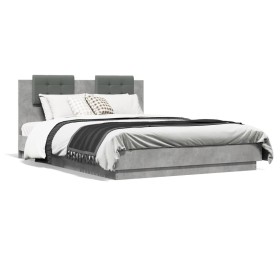 Estructura de cama cabecero luces LED gris hormigón 140x200