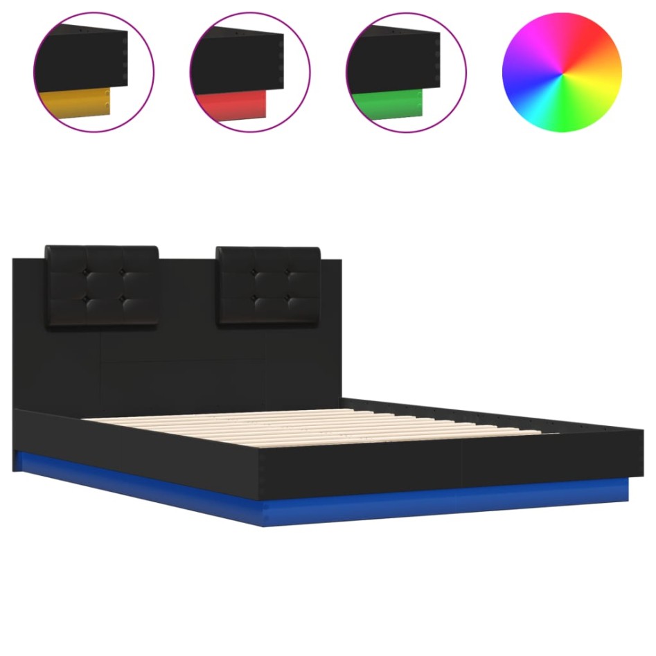 Estructura de cama con cabecero y luces LED negro 140x190