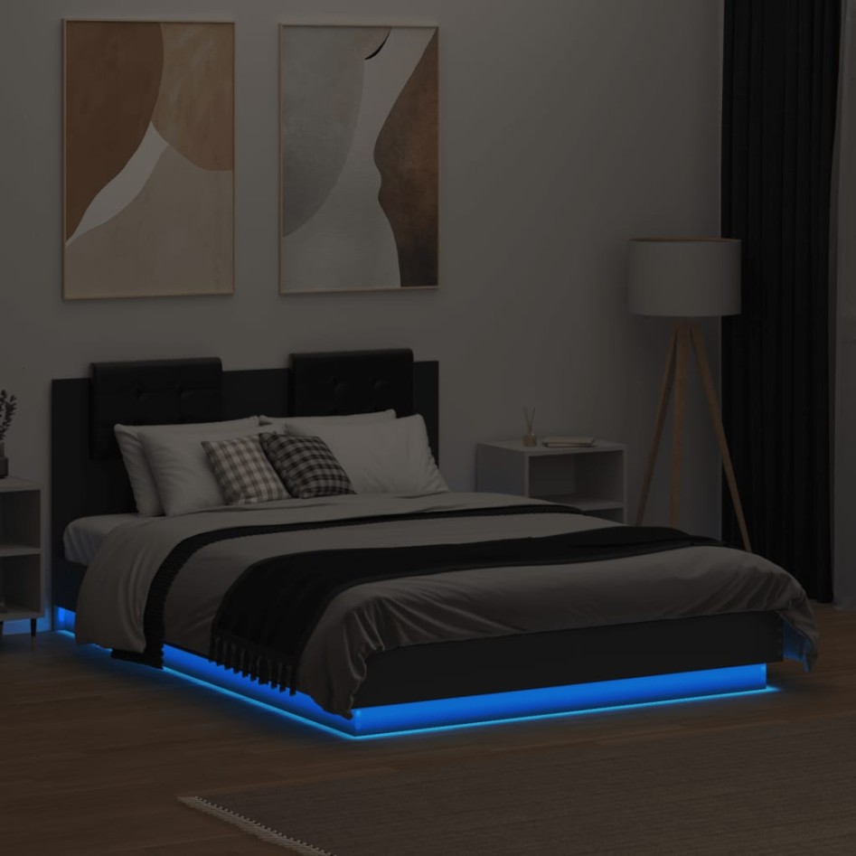 Estructura de cama con cabecero y luces LED negro 140x190