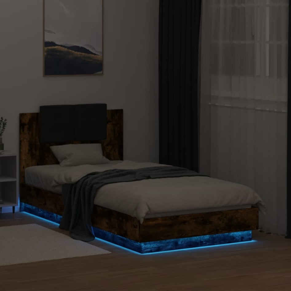 Estructura de cama cabecero luces LED roble ahumado 75x190