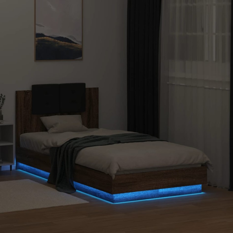 Estructura de cama cabecero luces LED marrón roble 75x190