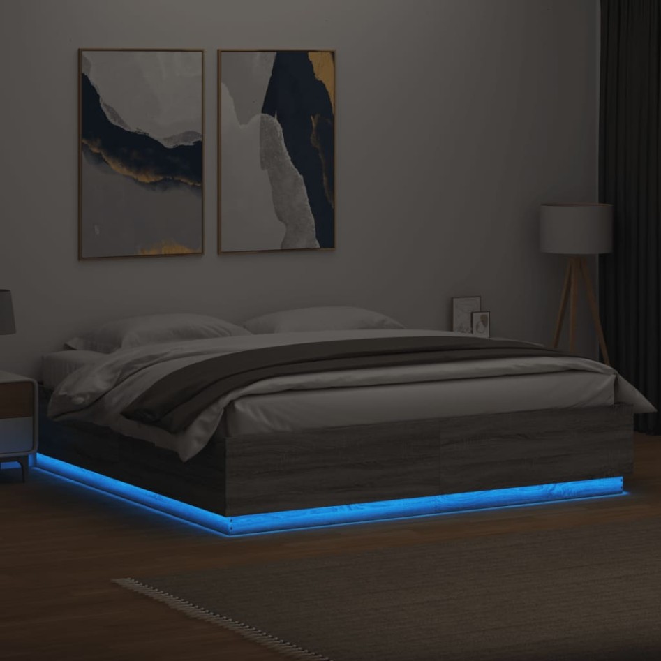 Estructura de cama con luces LED madera gris Sonoma 200x200