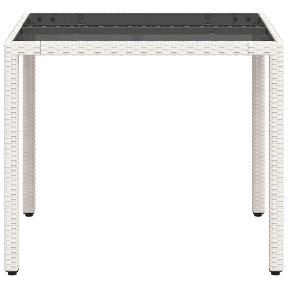 Mesa de jardín superficie de vidrio ratán PE blanco 90x90x75