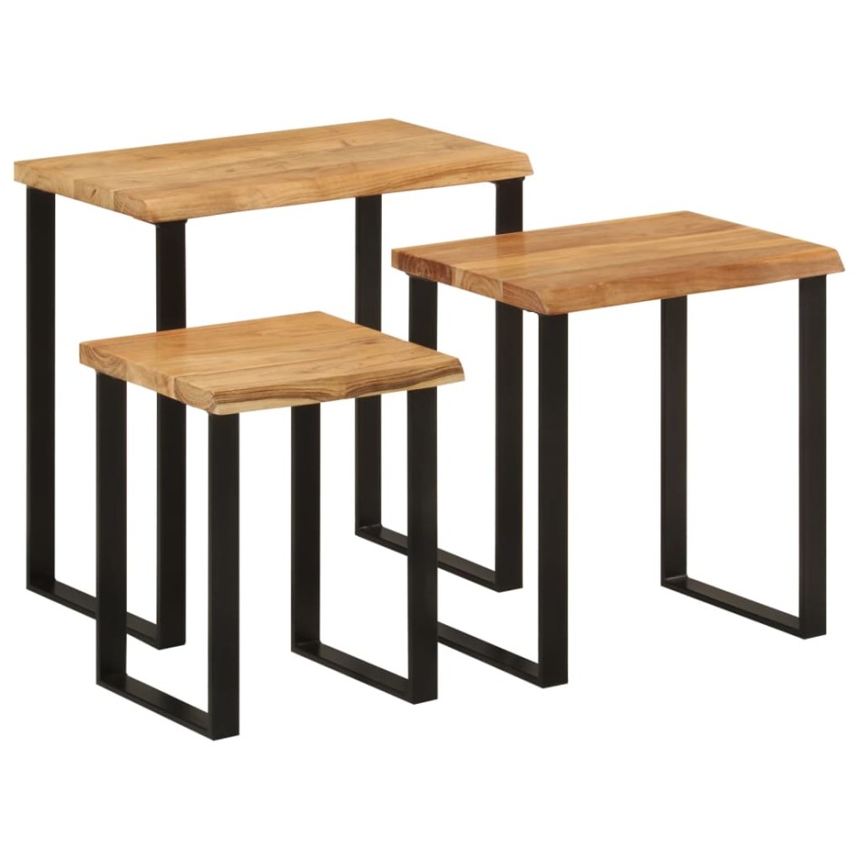Set de 3 mesas apilables con borde natural madera acacia