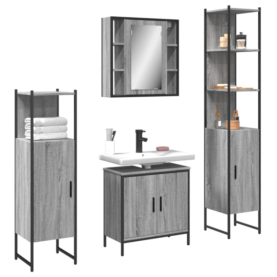 Set de armario de baño 4 pzas madera contrachapada gris