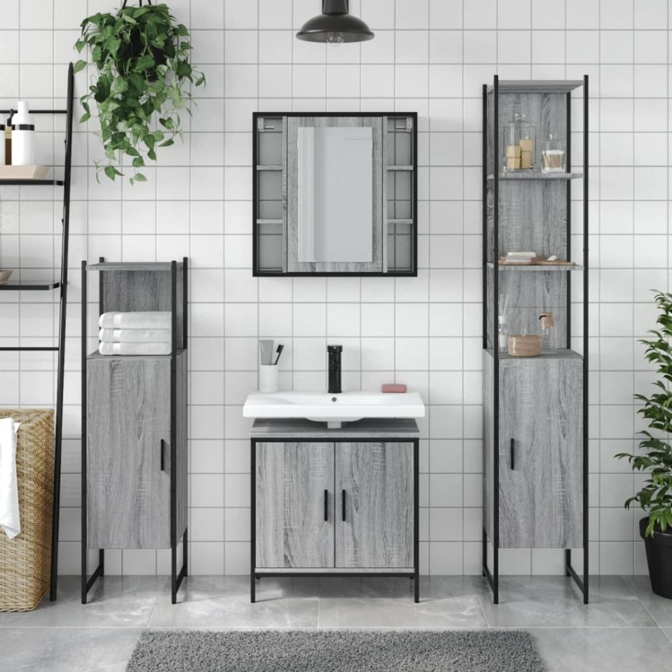 Set de armario de baño 4 pzas madera contrachapada gris