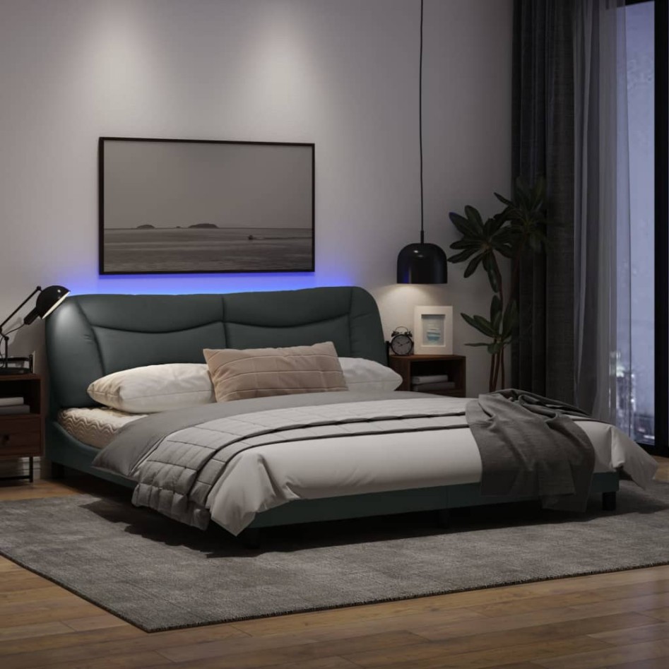Estructura de cama con luz LED tela gris oscuro 180x200