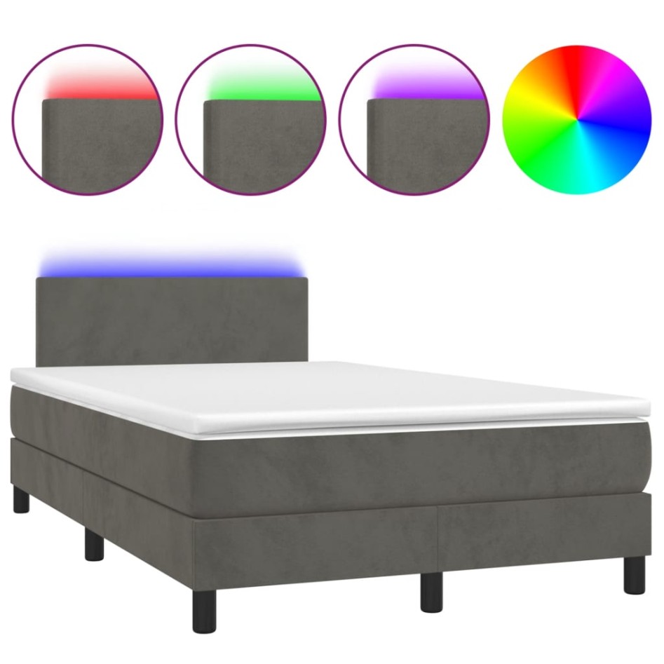 Cama box spring colchón y LED terciopelo gris oscuro 120x190