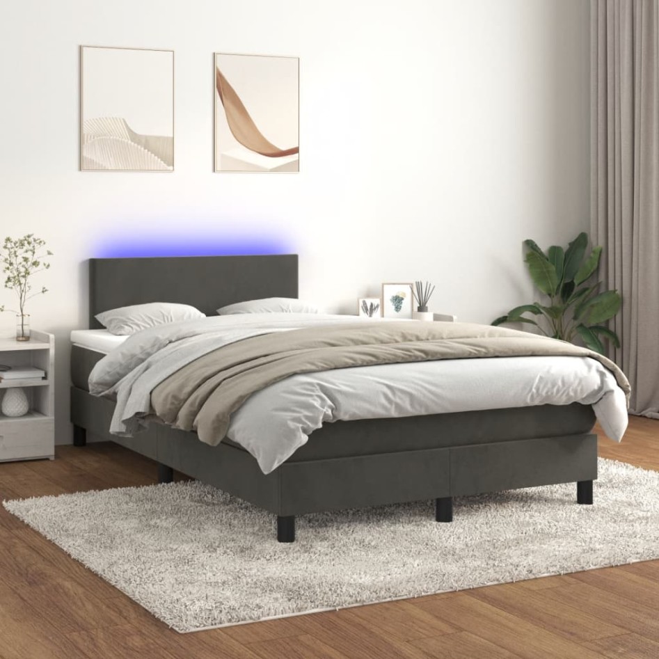 Cama box spring colchón y LED terciopelo gris oscuro 120x190