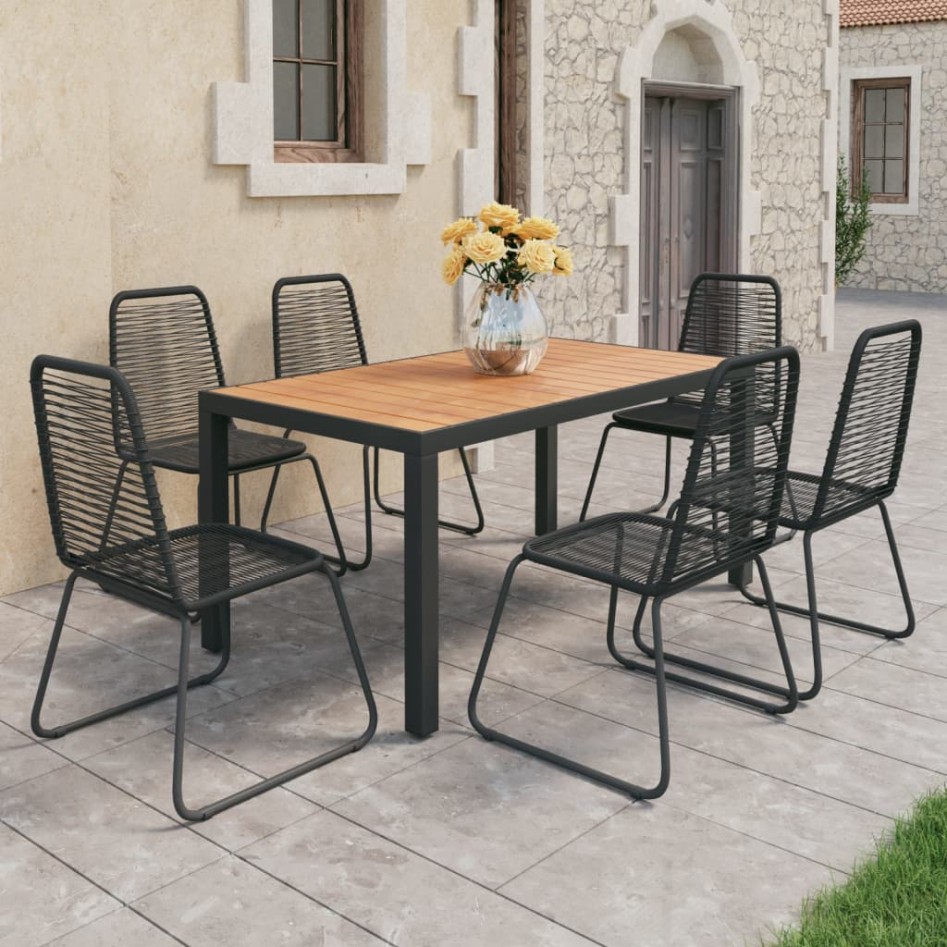 Set de comedor de jardín de 7 piezas PVC ratán negro y