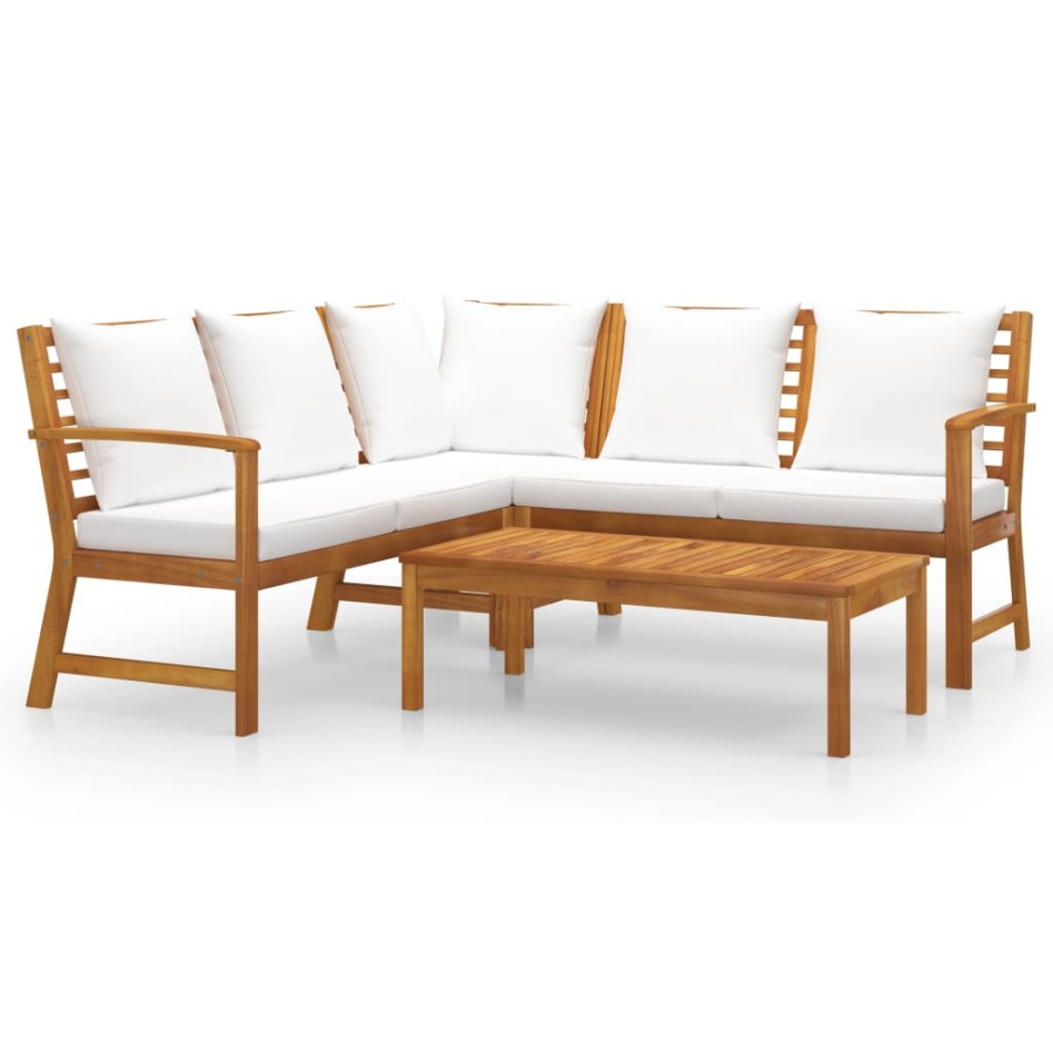 Muebles de jardín 4 pzas cojines crema madera maciza de