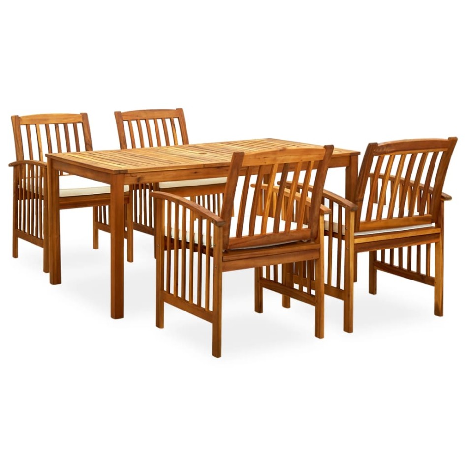 Set comedor de jardín 5 pzas y cojines madera maciza de