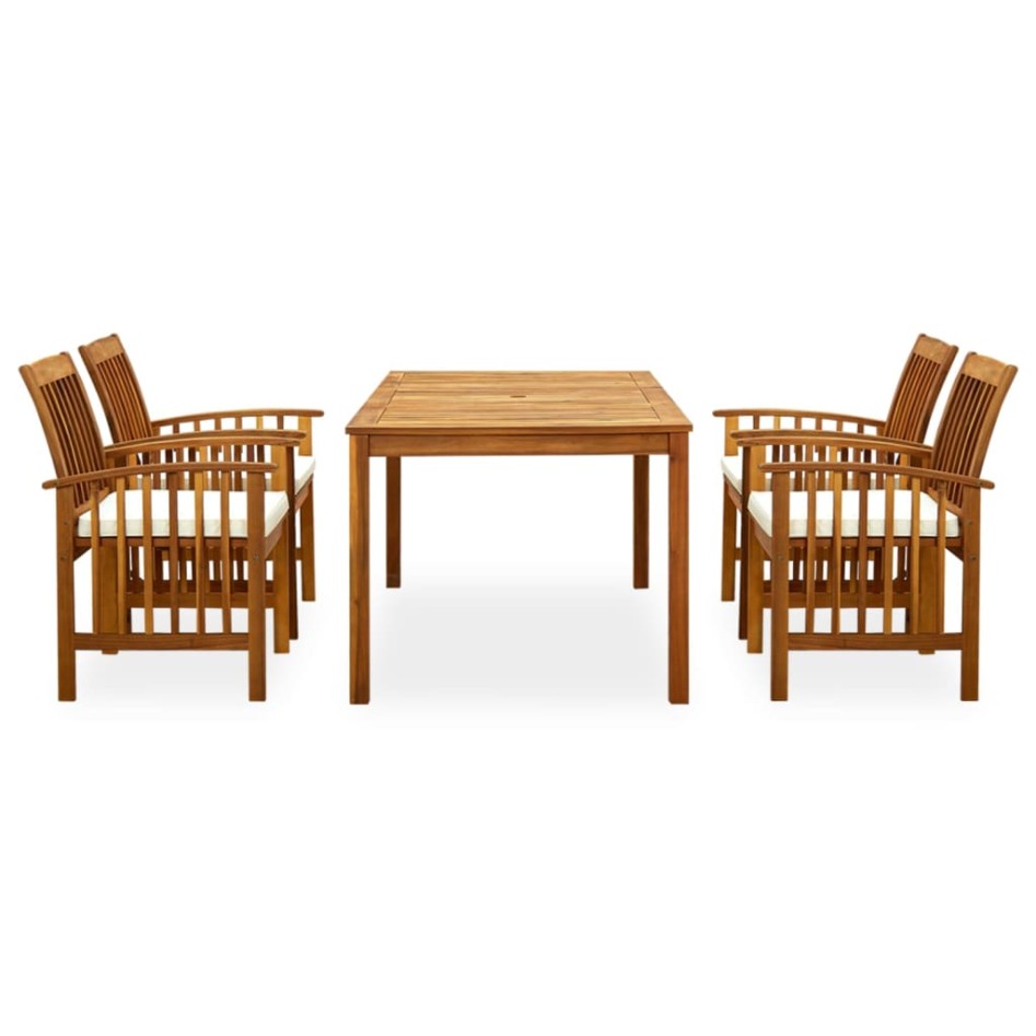 Set comedor de jardín 5 pzas y cojines madera maciza de