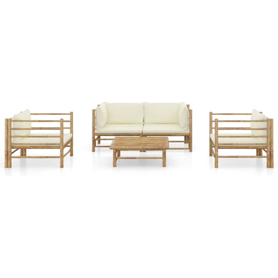 Set de muebles de jardín 5 piezas bambú y cojines blanco